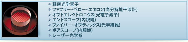 精密光学素子 ファブリー・ペロー・エタロン(高分解能干渉計) オプトエレクトロニクス(光電子素子) エンドスコープ(内視鏡) ファイバー・オプティックス(光学繊維) ボアスコープ(内腔鏡) レーザー光学系