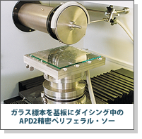ウエハーを個別基板に裁断中のペリフェラル・モードのAPD1精密ソー/ニオブ化リチウムをウエハーに裁断中のアニュラー・モードのAPD1精密ソー