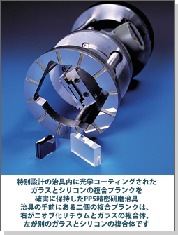特別設計の治具内に光学コーティングされたガラスとシリコンの複合プランクを確実に保持したPP5精密研磨治具治具の手前にある二個の複合プランクは、右がニオブ化リチウムとガラスの複合体、左が別のガラスとシリコンの複合体です